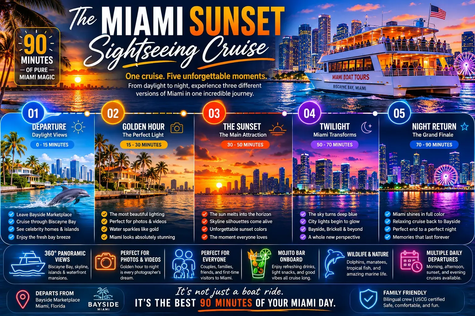 Miami Sunset Sightseeing Cruise timeline infographic showing the 90-minute experience from daylight and golden hour to sunset, twilight, and the Miami skyline at night.