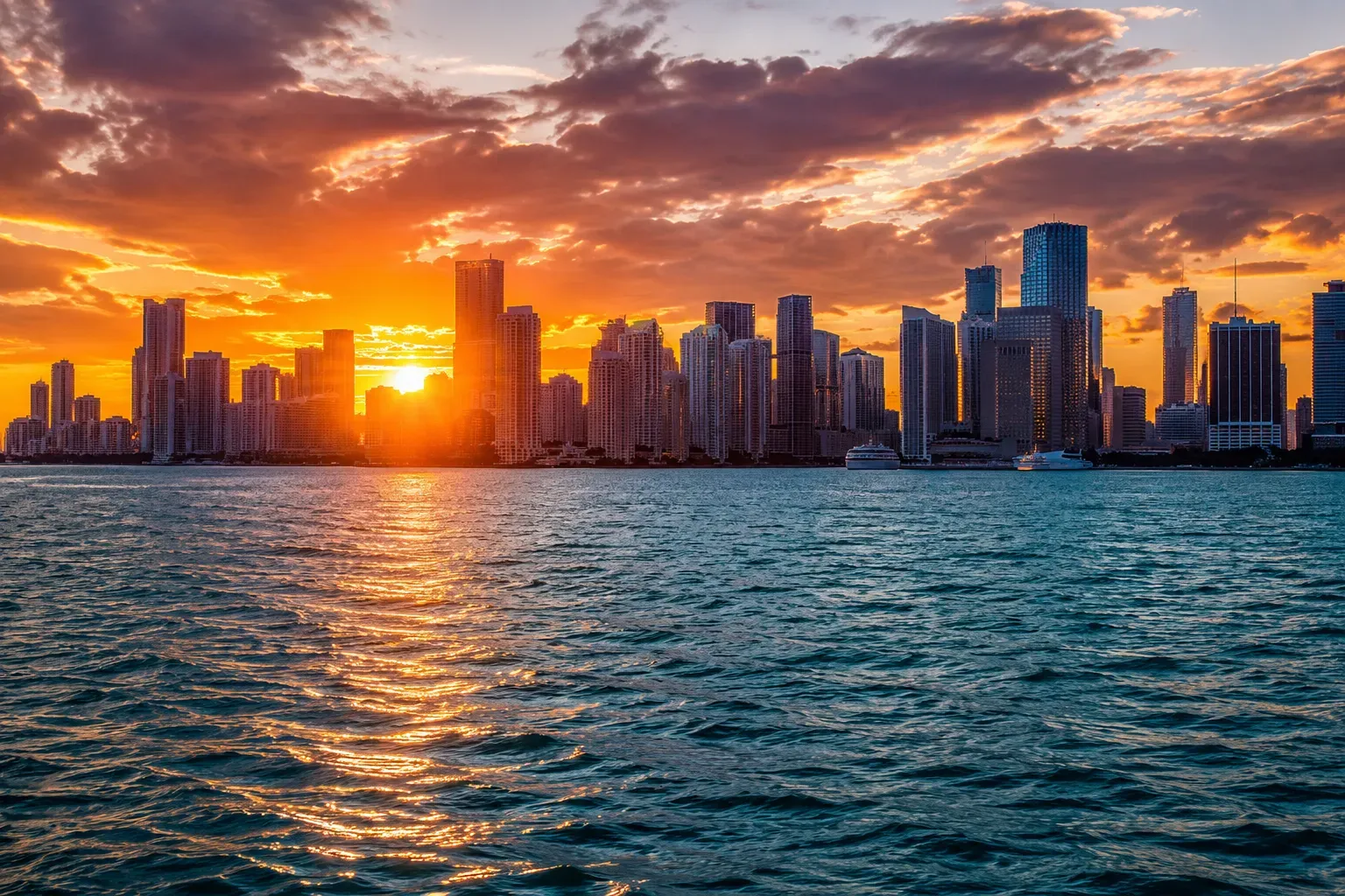 Miami skyline views during a sunset cruise across Biscayne Bay