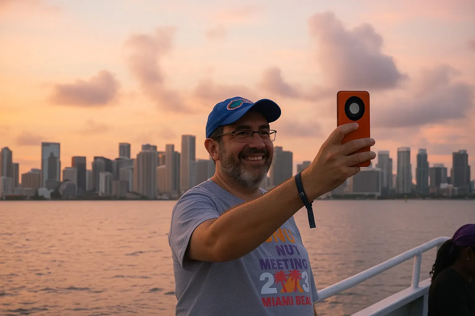 Passenger taking photos of the Miami skyline during a Miami sunset tour.