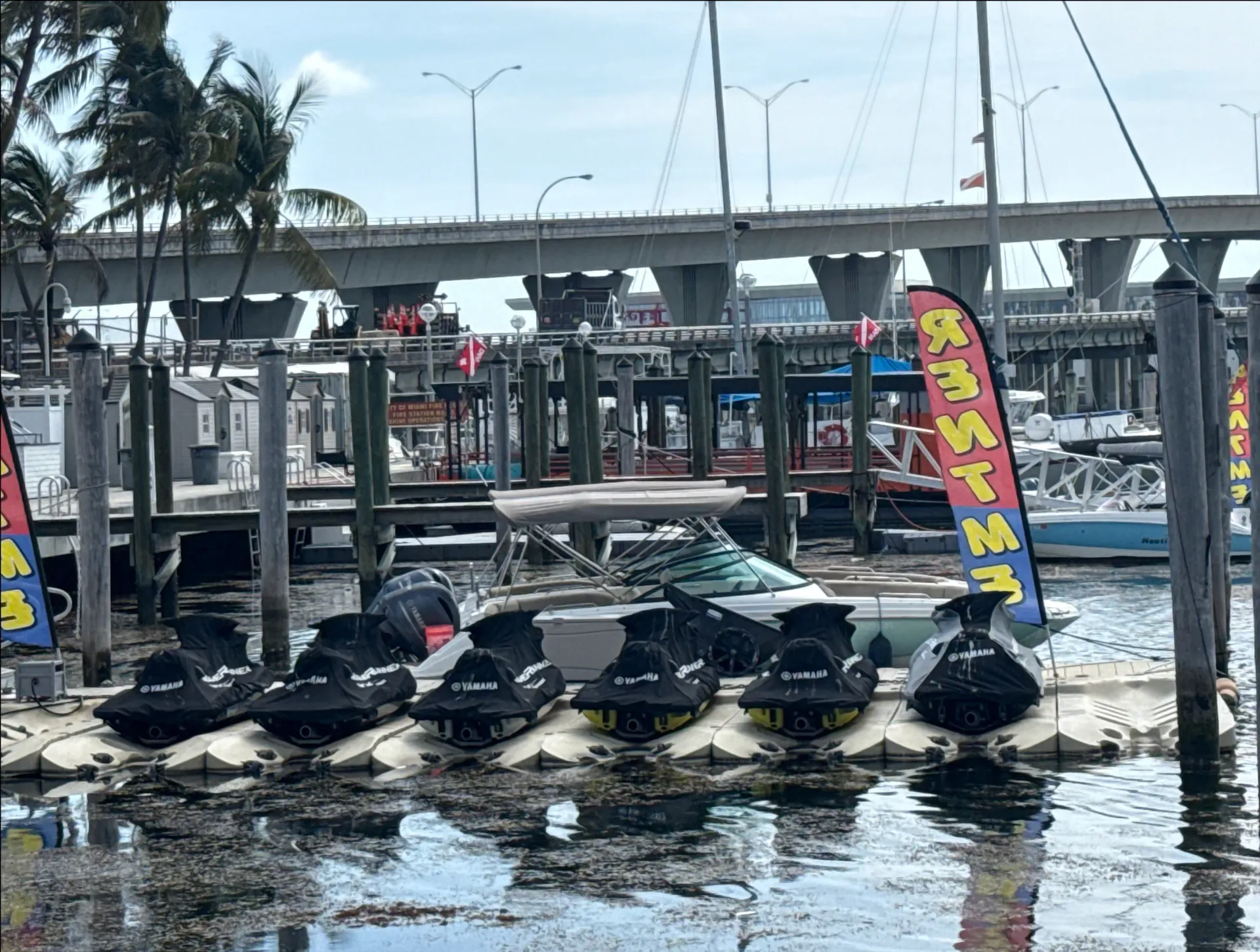 Jet ski tour departure area near Bayside Marketplace with multiple Yamaha rentals ready for guests