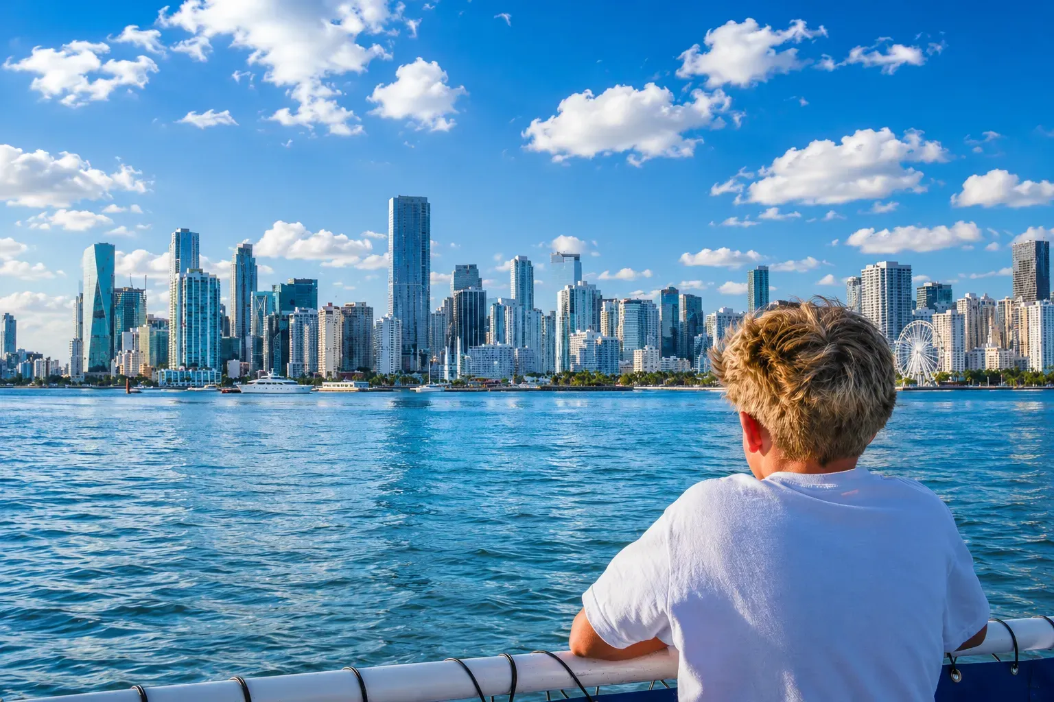 Niño disfrutando un paseo en barco por Miami con vistas de Biscayne Bay