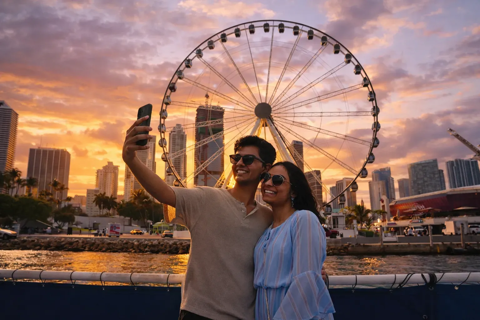 Guests enjoying skyline views during a romantic sunset cruise in Miami