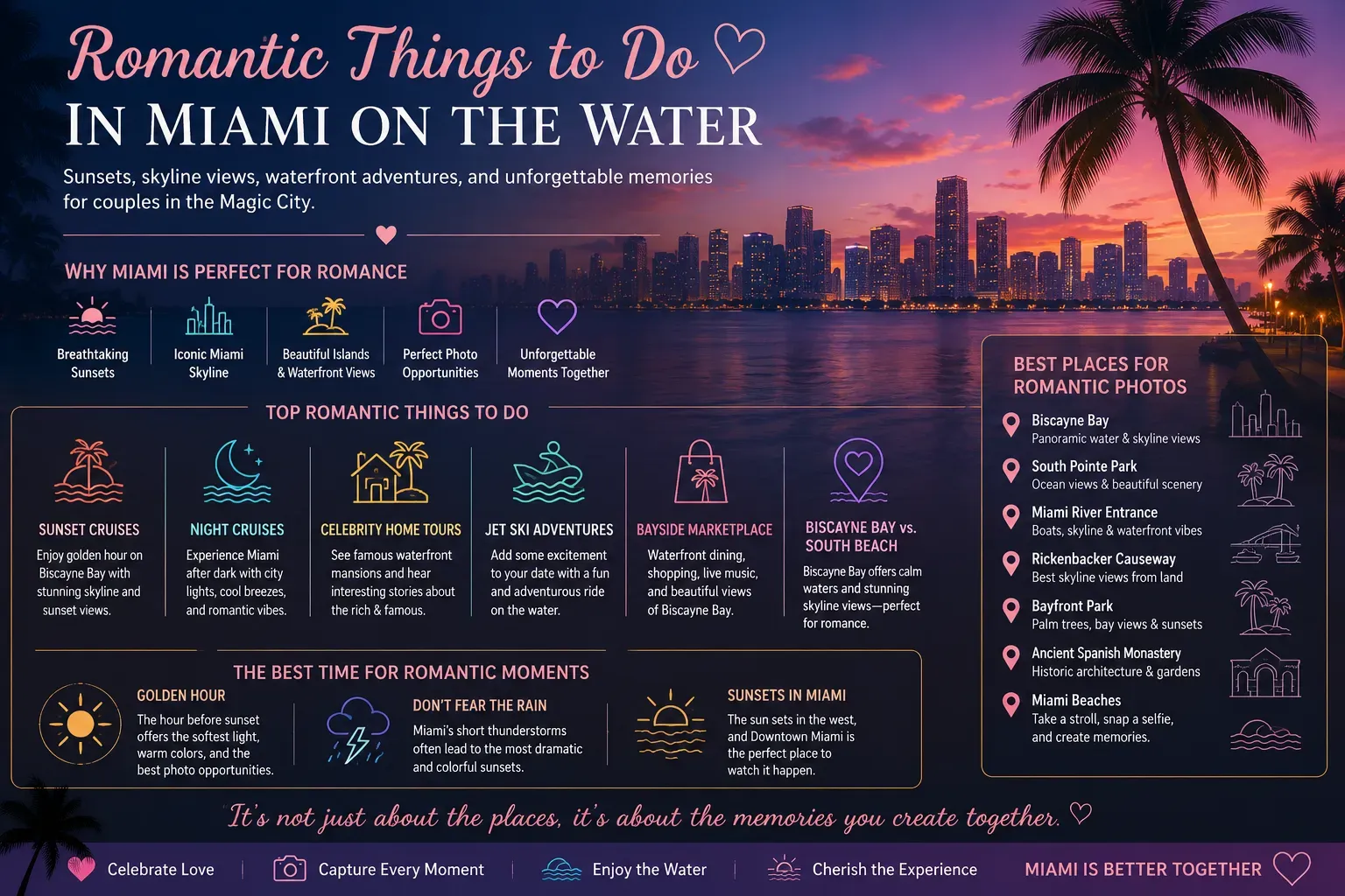 Romantic things to do in Miami on the water infographic featuring Biscayne Bay, sunset cruises, Miami night cruises, jet ski tours, Bayside Marketplace, and romantic photo spots.