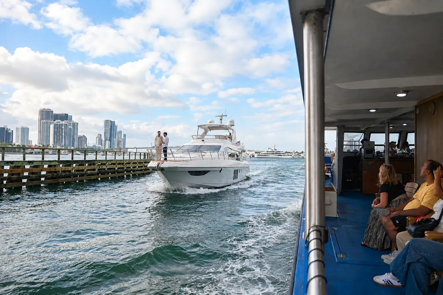 Shared sightseeing cruise passing a private yacht in Miami.