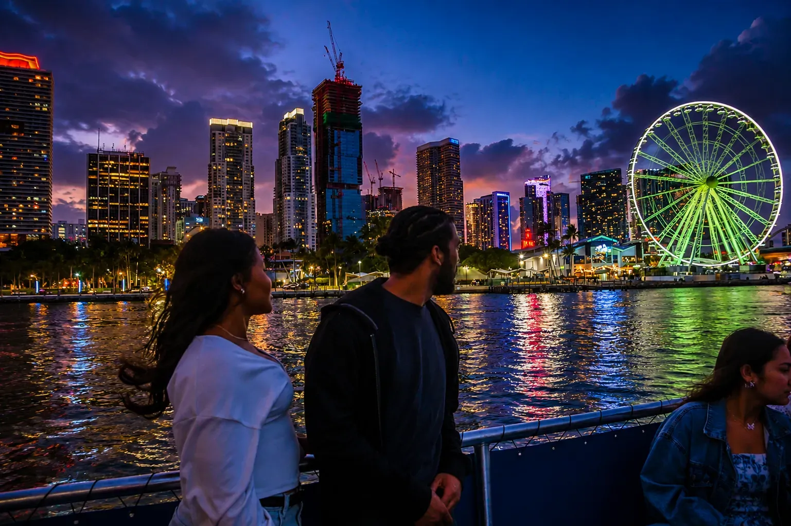 Visitors enjoying Skyline Miami Cruises at night with illuminated Downtown Miami skyline views from Biscayne Bay