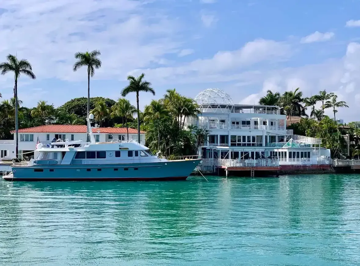 Celebrity waterfront mansion on Star Island seen from Biscayne Bay