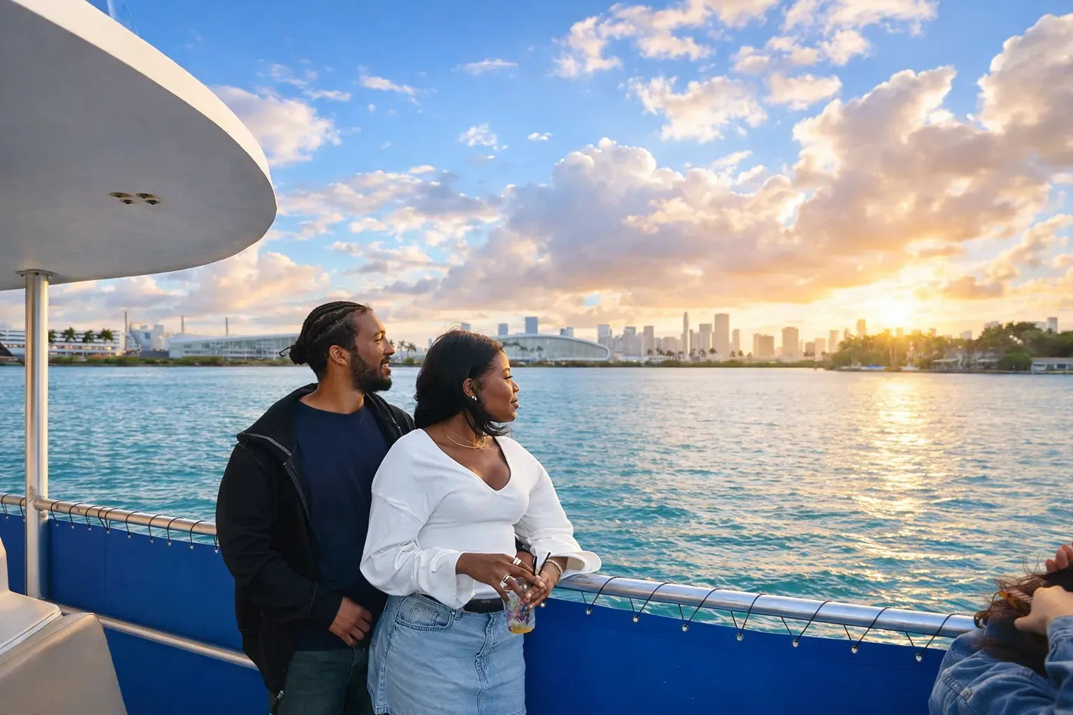 Couple watching the Miami sunset over Biscayne Bay during a staycation.