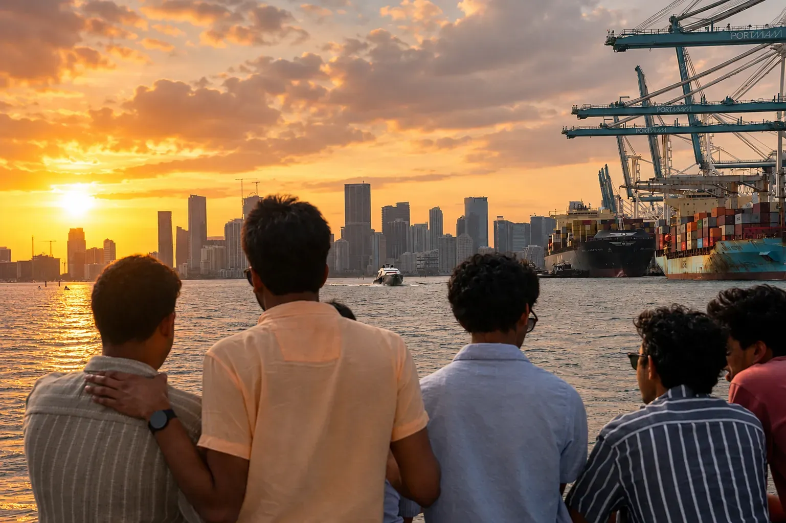 Guests enjoying sunset Miami boat tours from Bayside with PortMiami and Downtown skyline views across Biscayne Bay