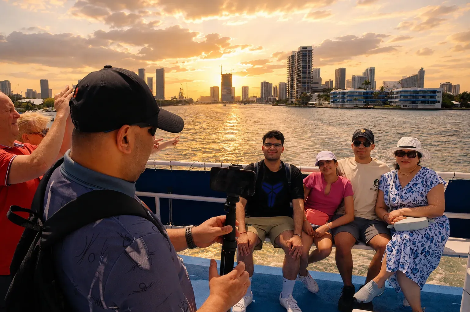 Sunset tours in Miami from the water with guests enjoying beautiful Biscayne Bay skyline views during a relaxing sightseeing boat cruise.