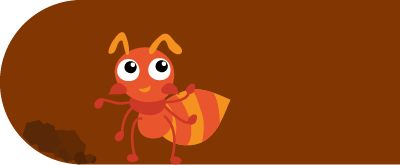 A cartoon ant is crawling out of a hole in the ground.