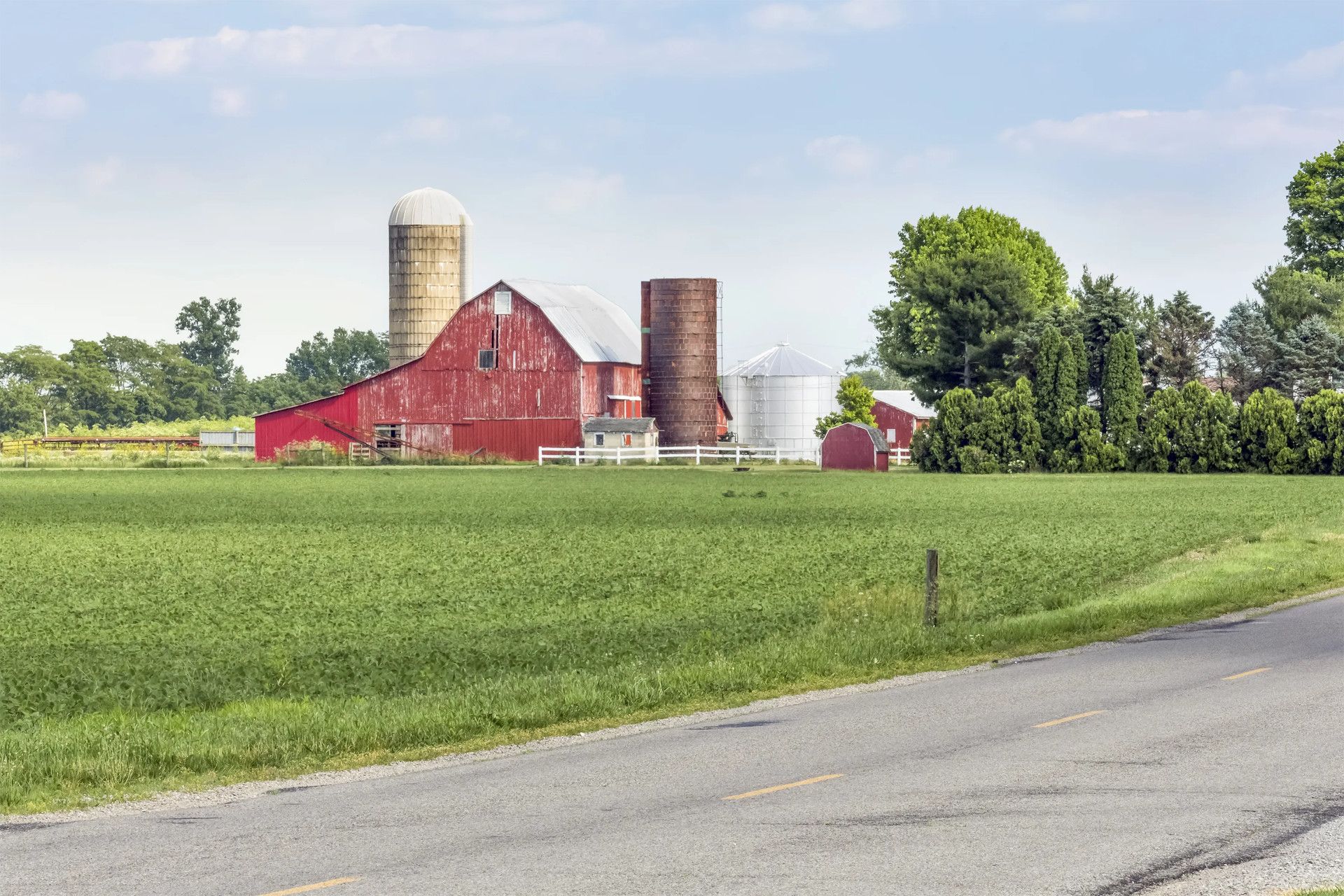 a red barn is sitting in the middle of a grassy field next to a road .