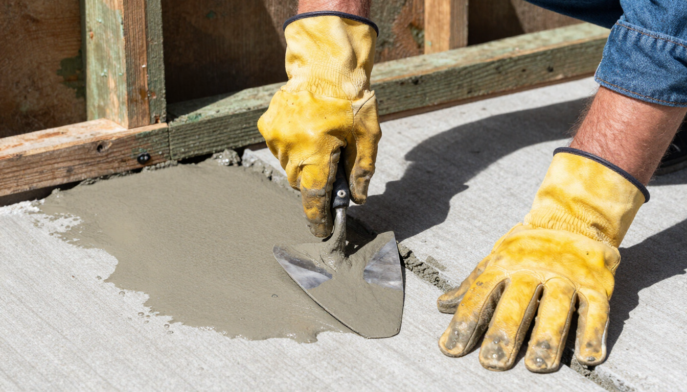 Gloved hands smooth wet concrete with a trowel beside a wooden form.