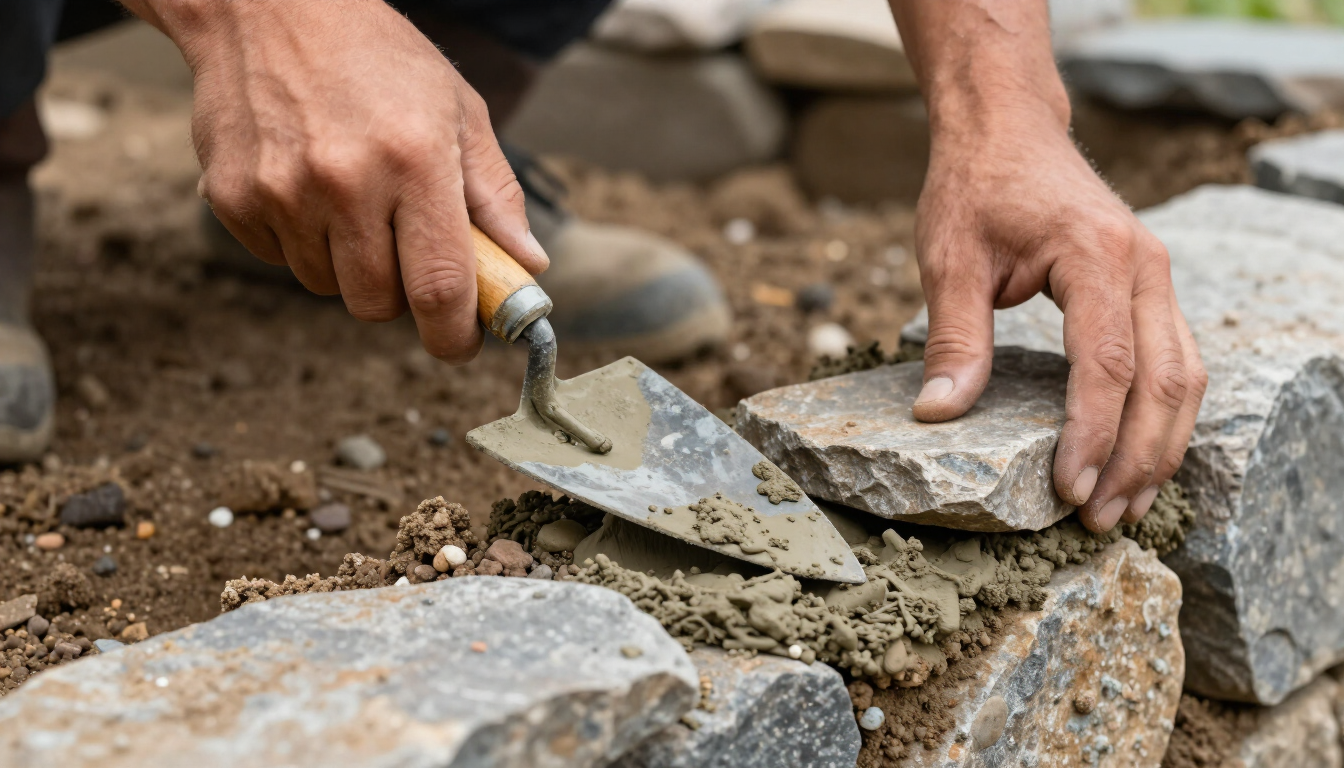 Hands using a trowel to apply mortar between broken stones on the ground.