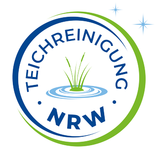 Logo der Teichreinigung NRW mit blau-grünem Kreistext und einem Schilfrohr über Wasserwellen.