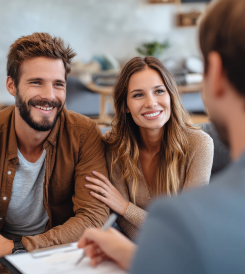 Two smiling people listening to a counselor in a bright office