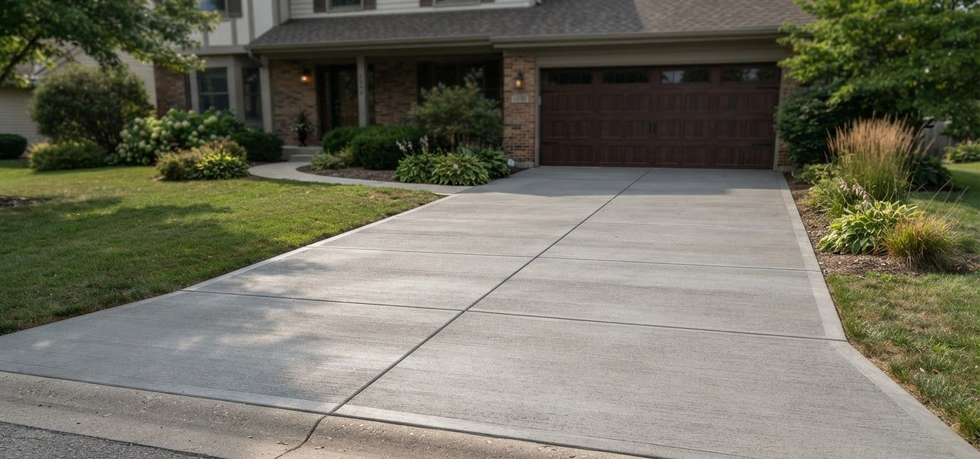 Suburban house with a concrete driveway leading to a two-car garage and front lawn