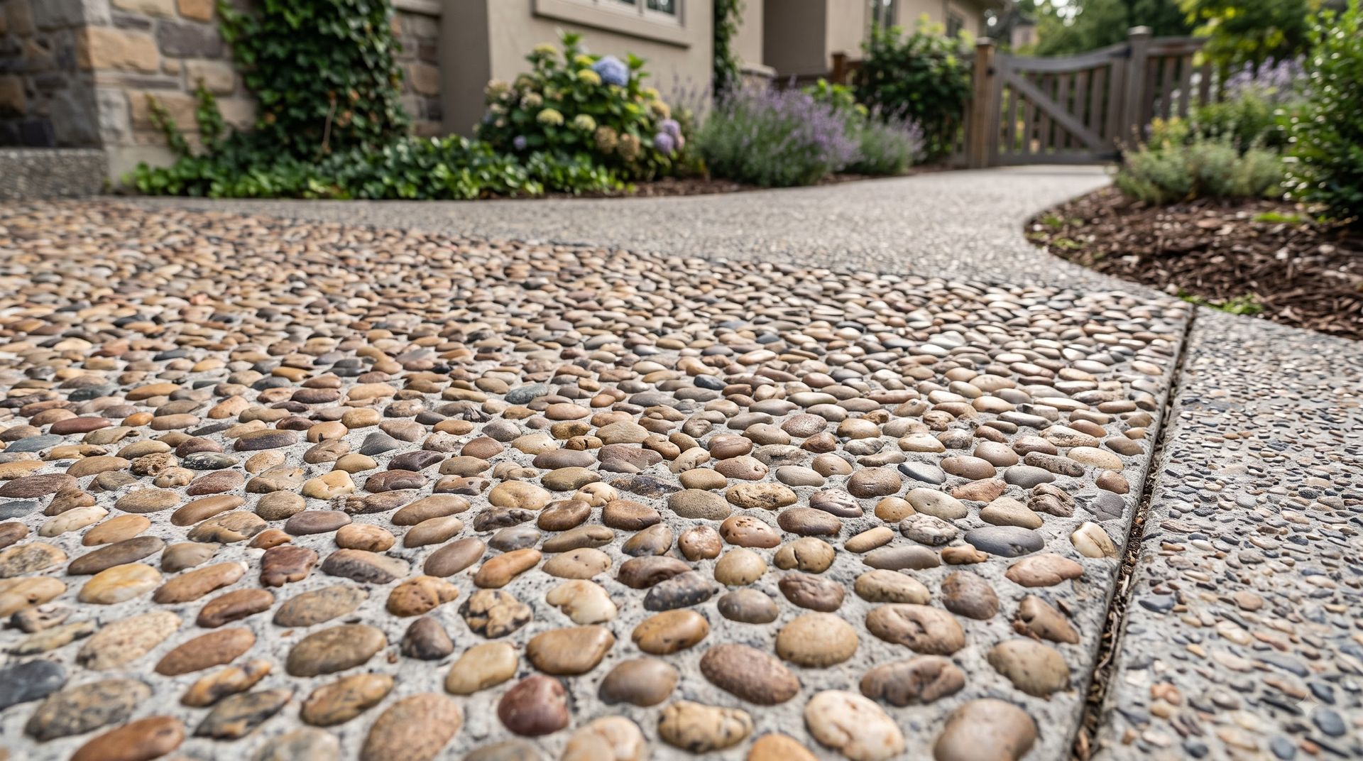 Cobblestone garden walkway curving past landscaped greenery and a house