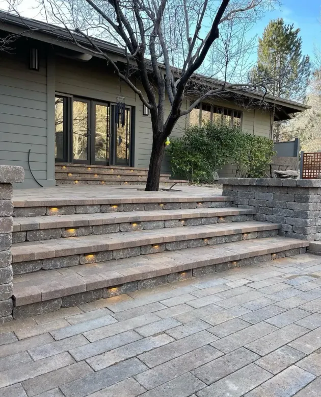 Stone steps leading to a patio outside a modern house with a tree and shrubs