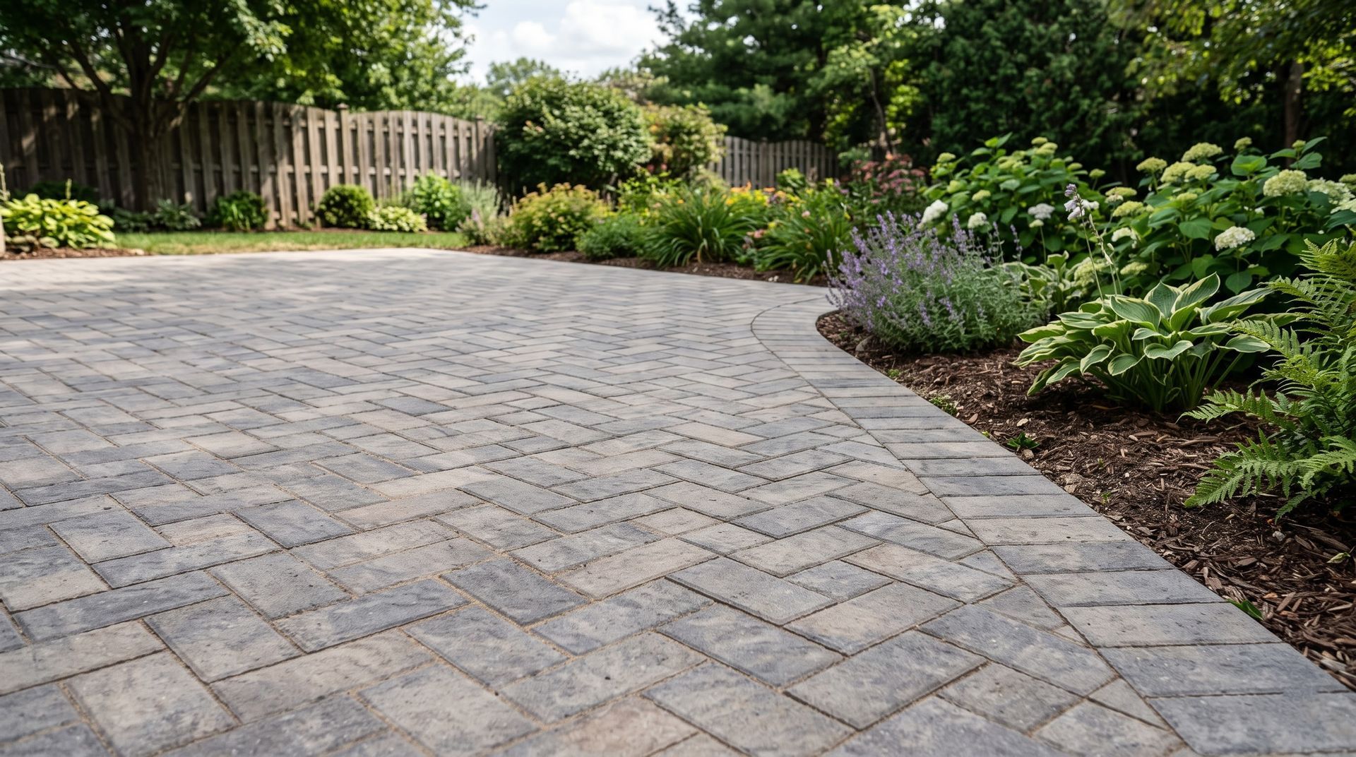 Paved stone patio bordered by lush garden beds and a wooden fence