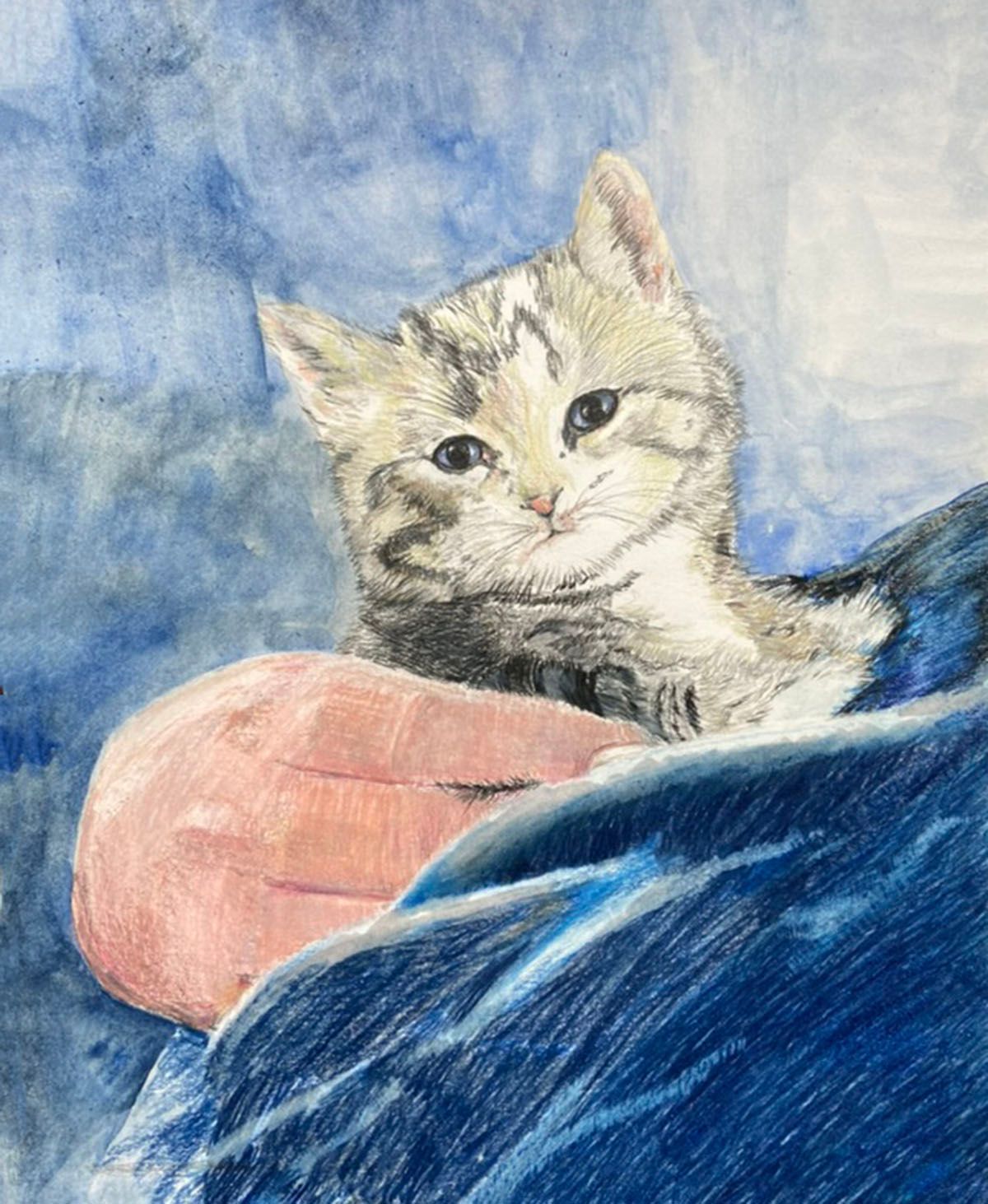 A gray tabby cat peeks over a blue blanket, with a peach-colored paw in front.