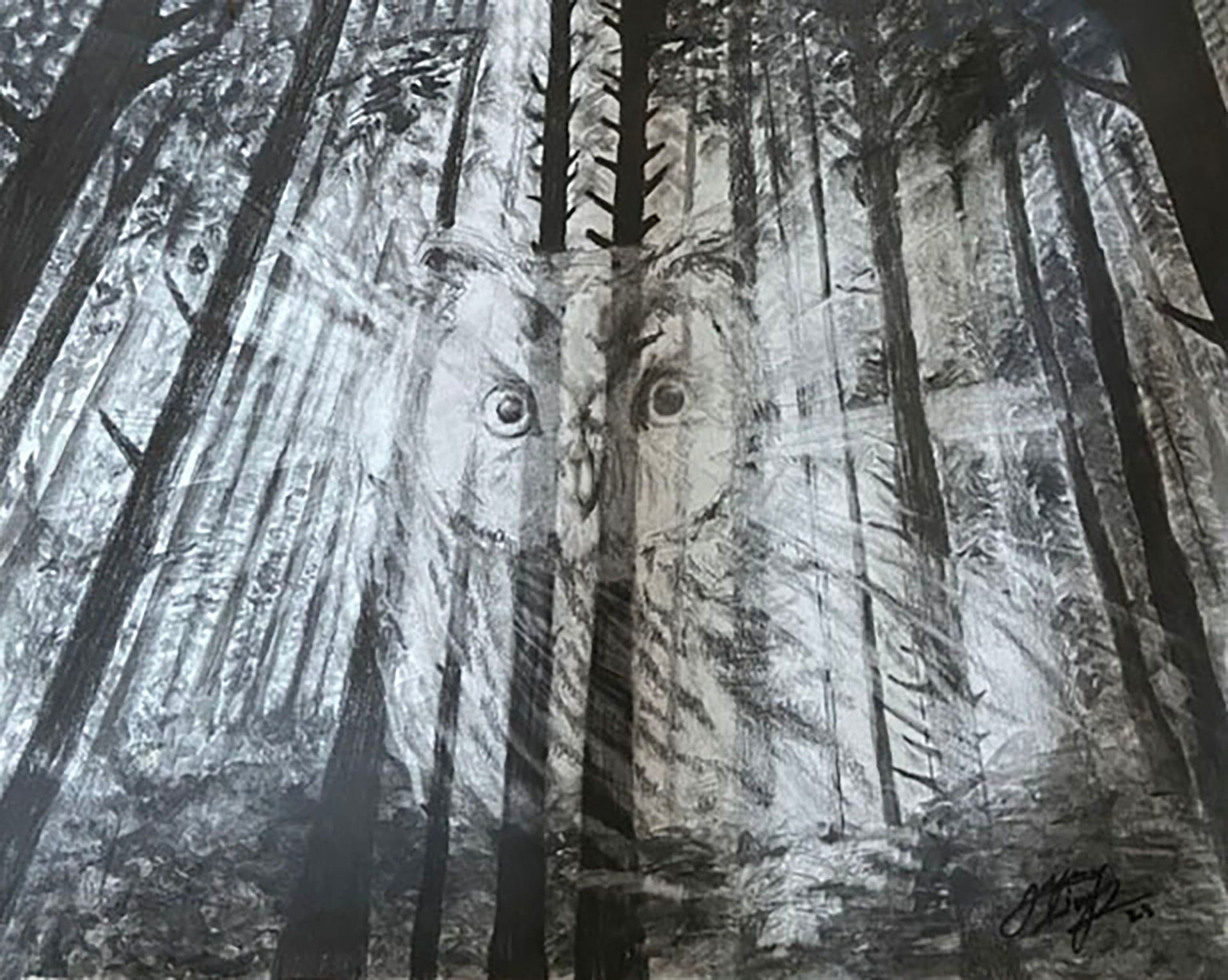 An owl’s face blended into a snowy forest of tall trees, creating a camouflage effect.