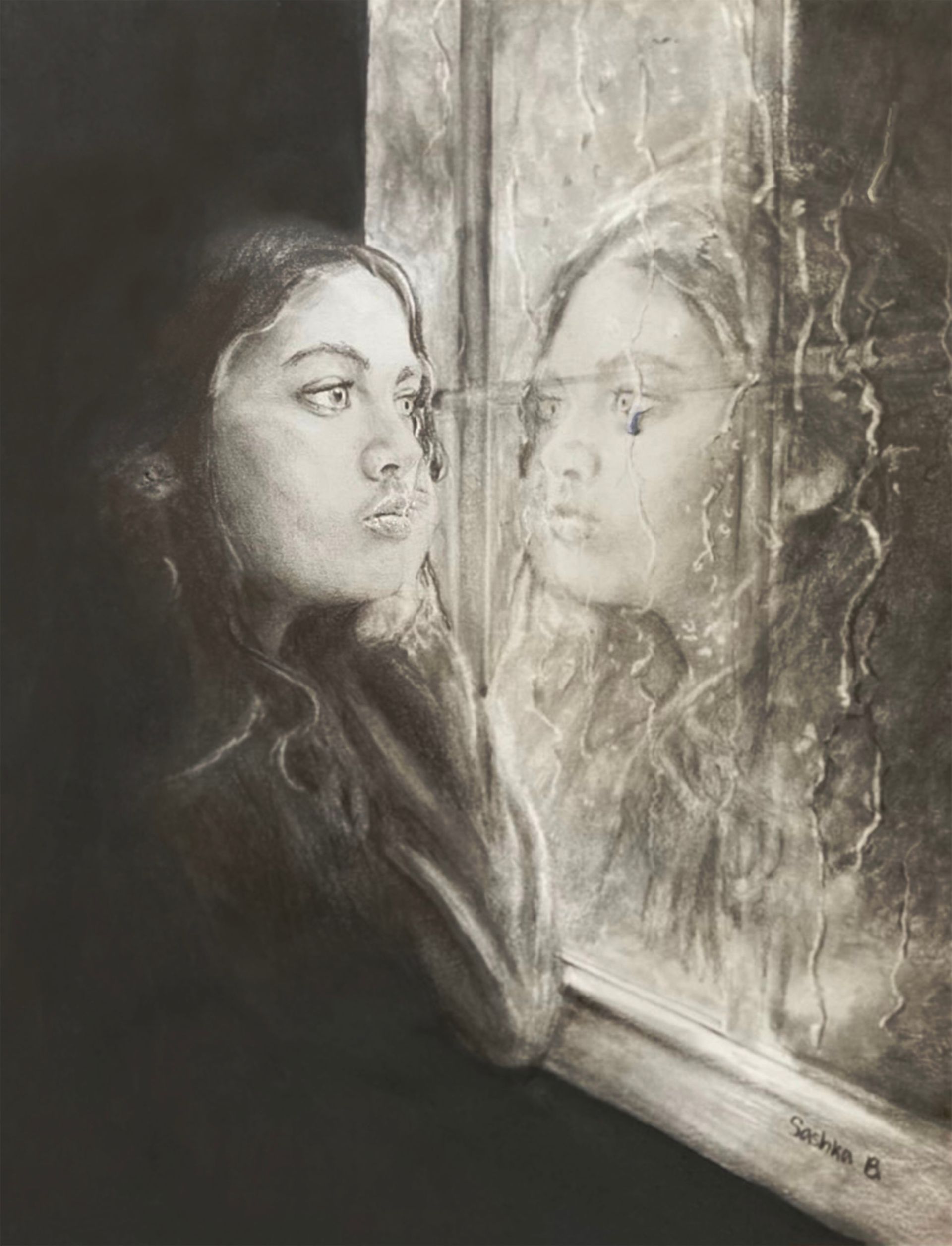 Monochrome sketch of a woman gazing at her reflection in a windowpane