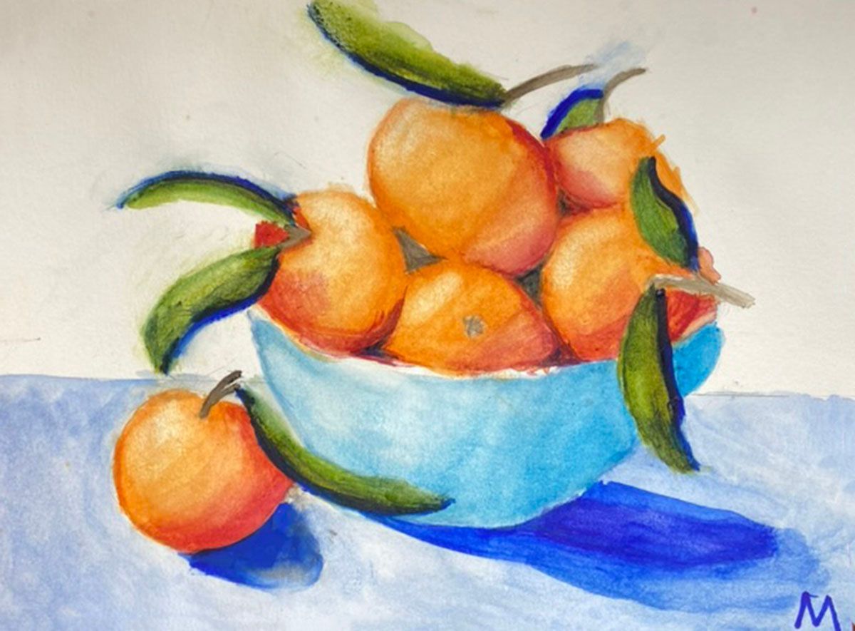 Painted bowl of oranges and green leaves on a white background