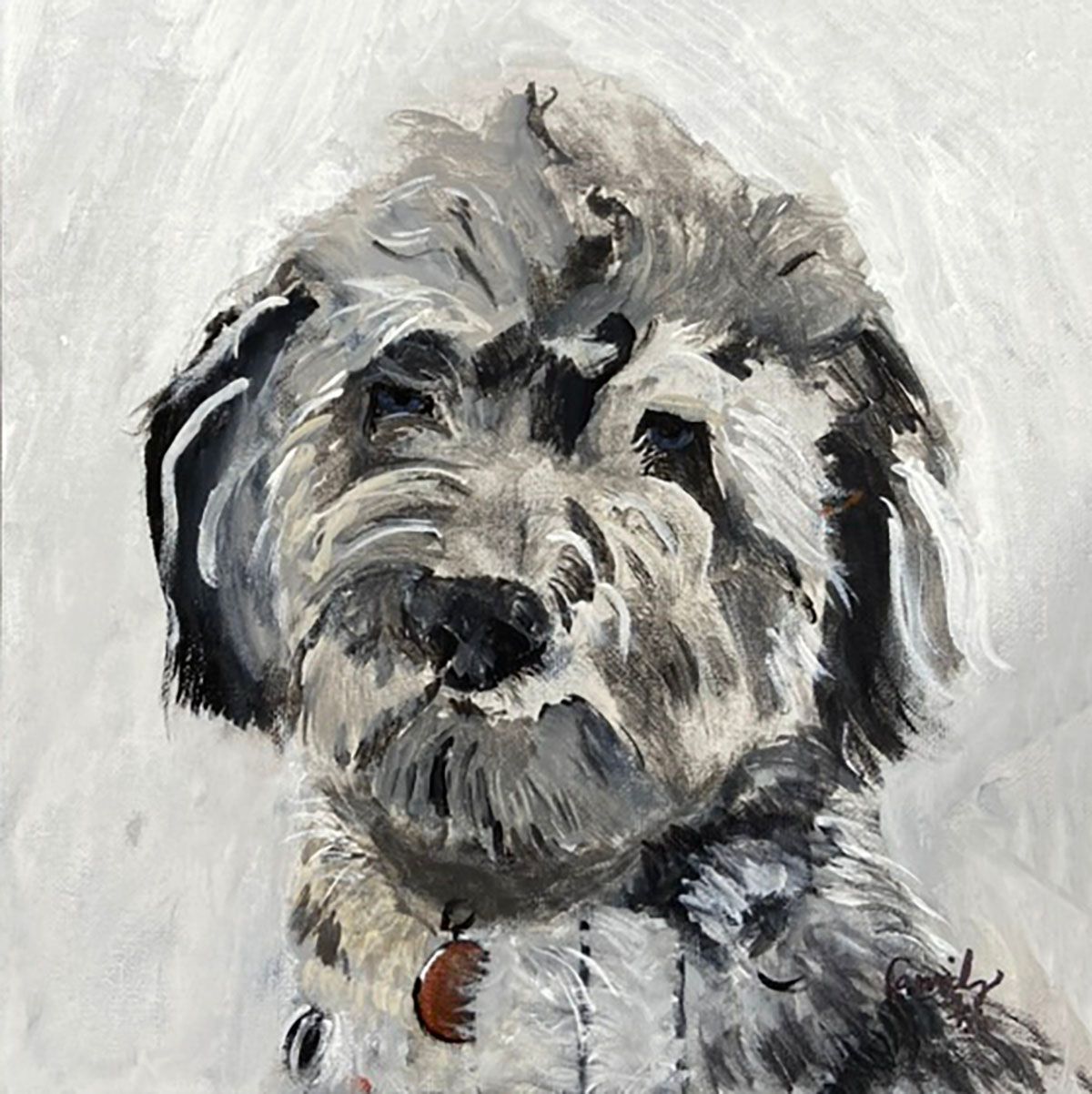 Painterly portrait of a shaggy gray-and-black dog with a red collar on a white background