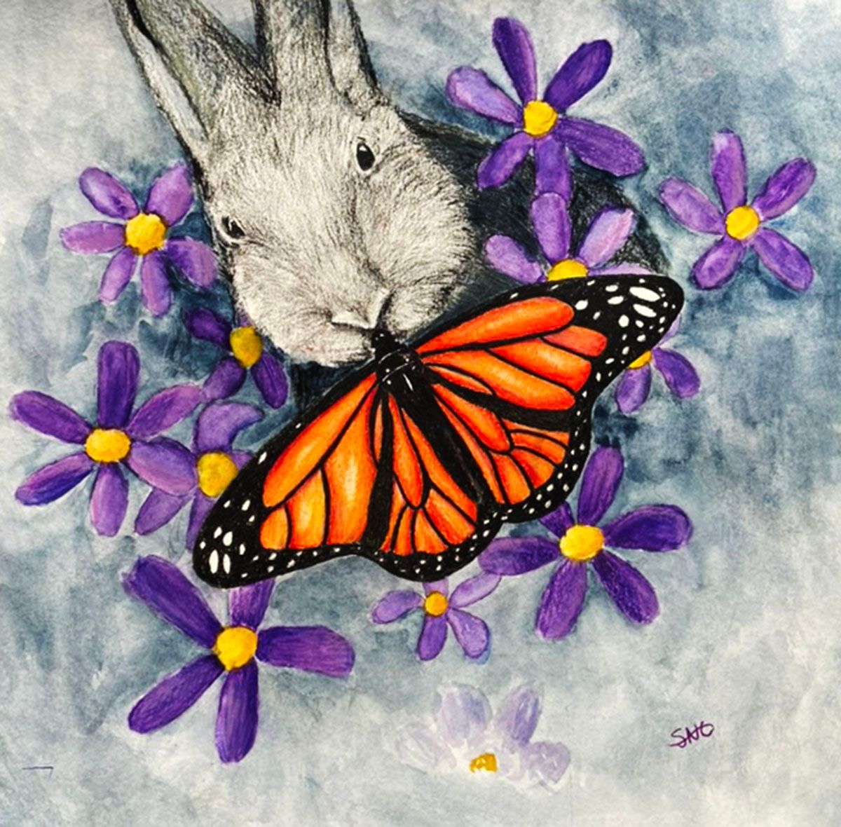 Monarch butterfly on a rabbit’s nose, surrounded by purple flowers on acrylic canvas