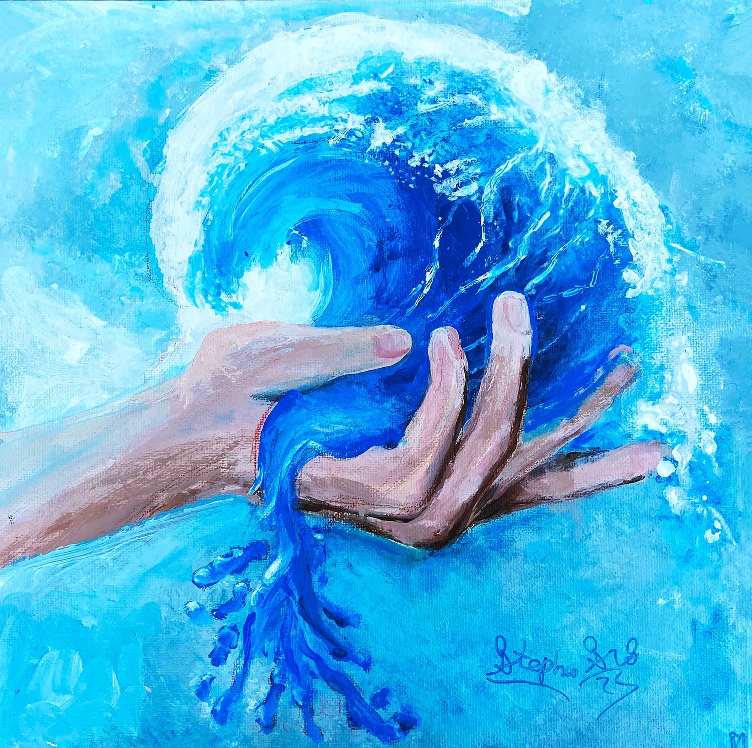 Hands holding a swirling blue water wave, painted in bright aqua and white.