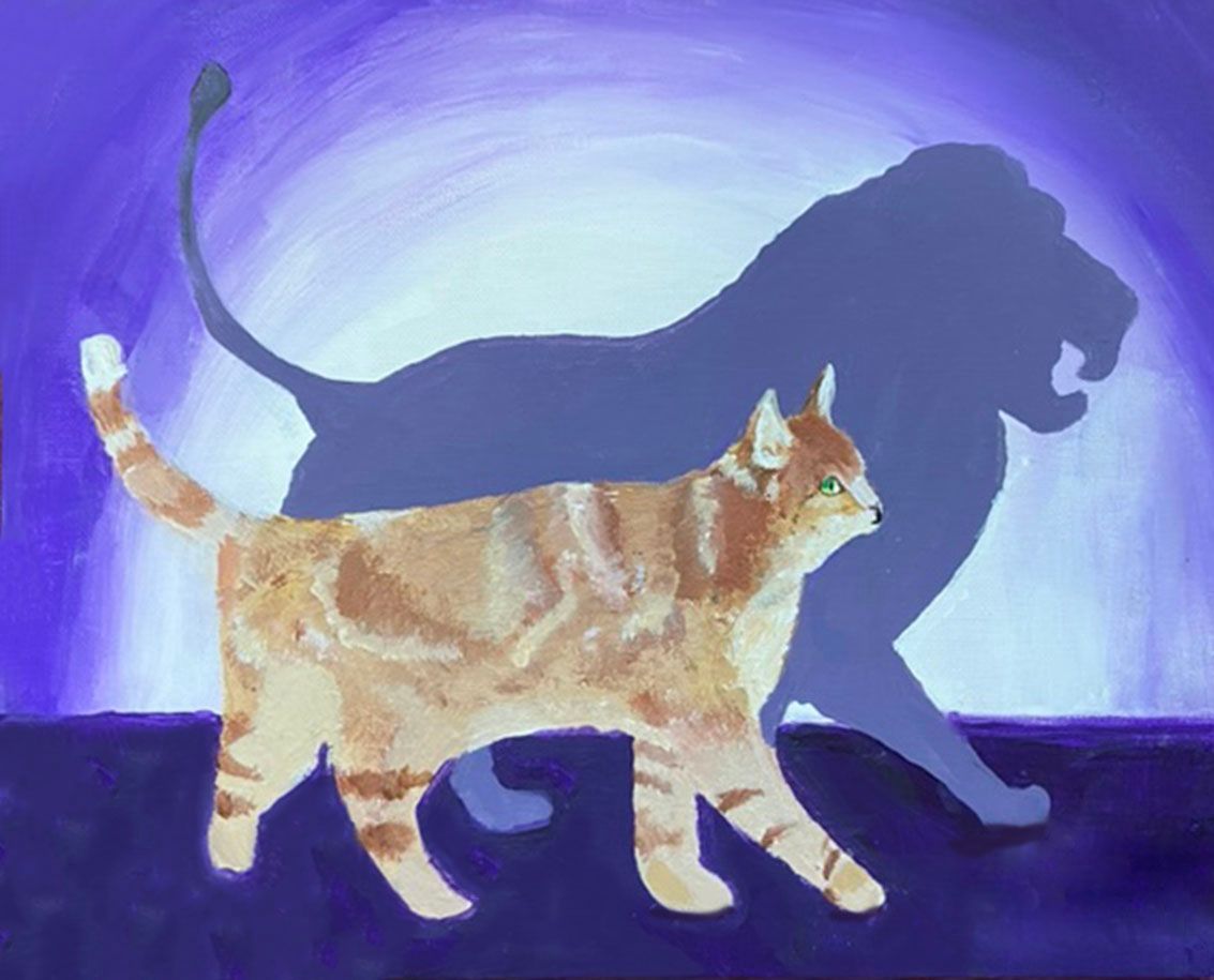 Orange cat walking in front of a dark cat silhouette on a purple background