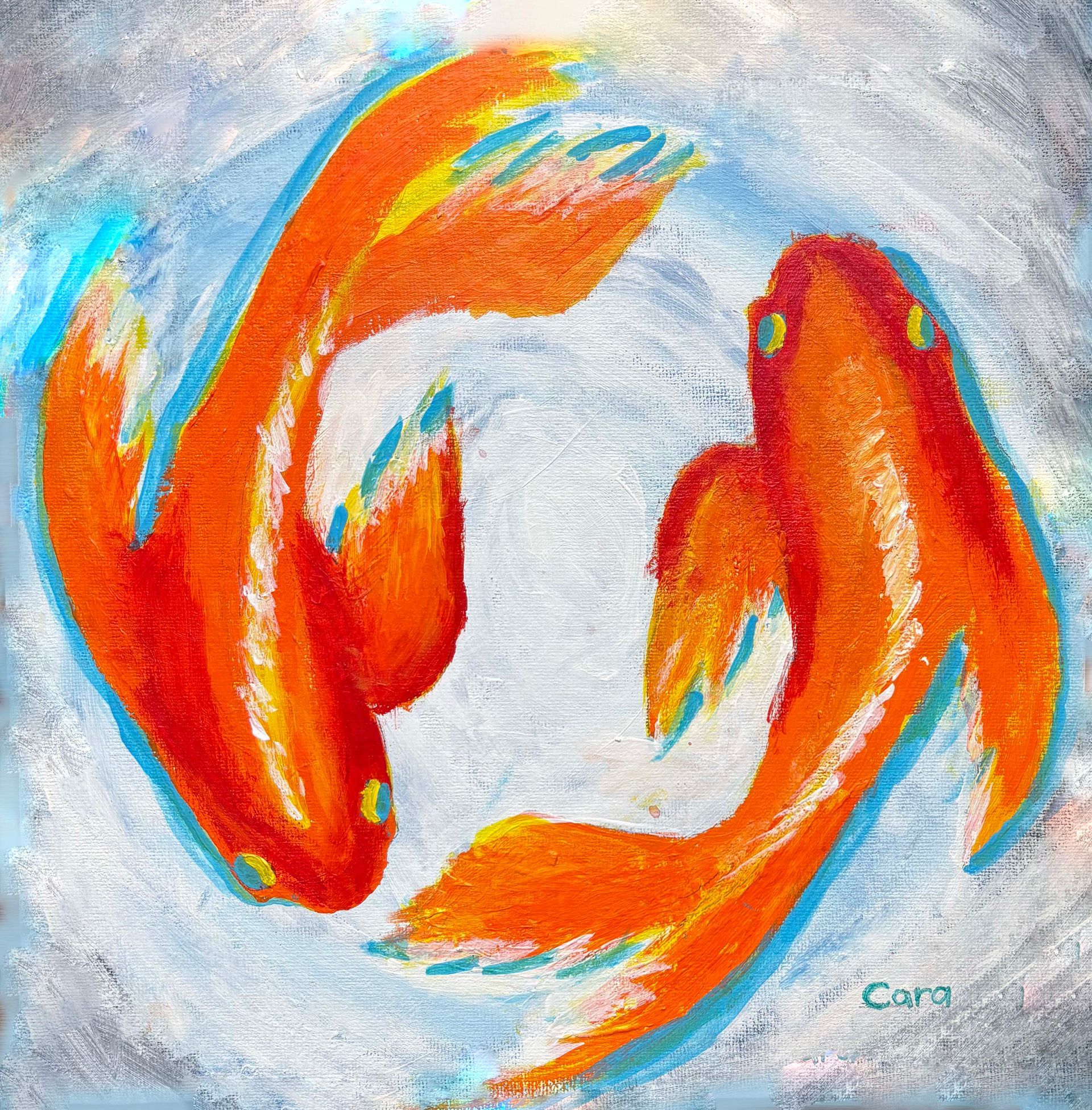 Three orange and red koi fish swirling in a circular pattern on a pale blue textured background
