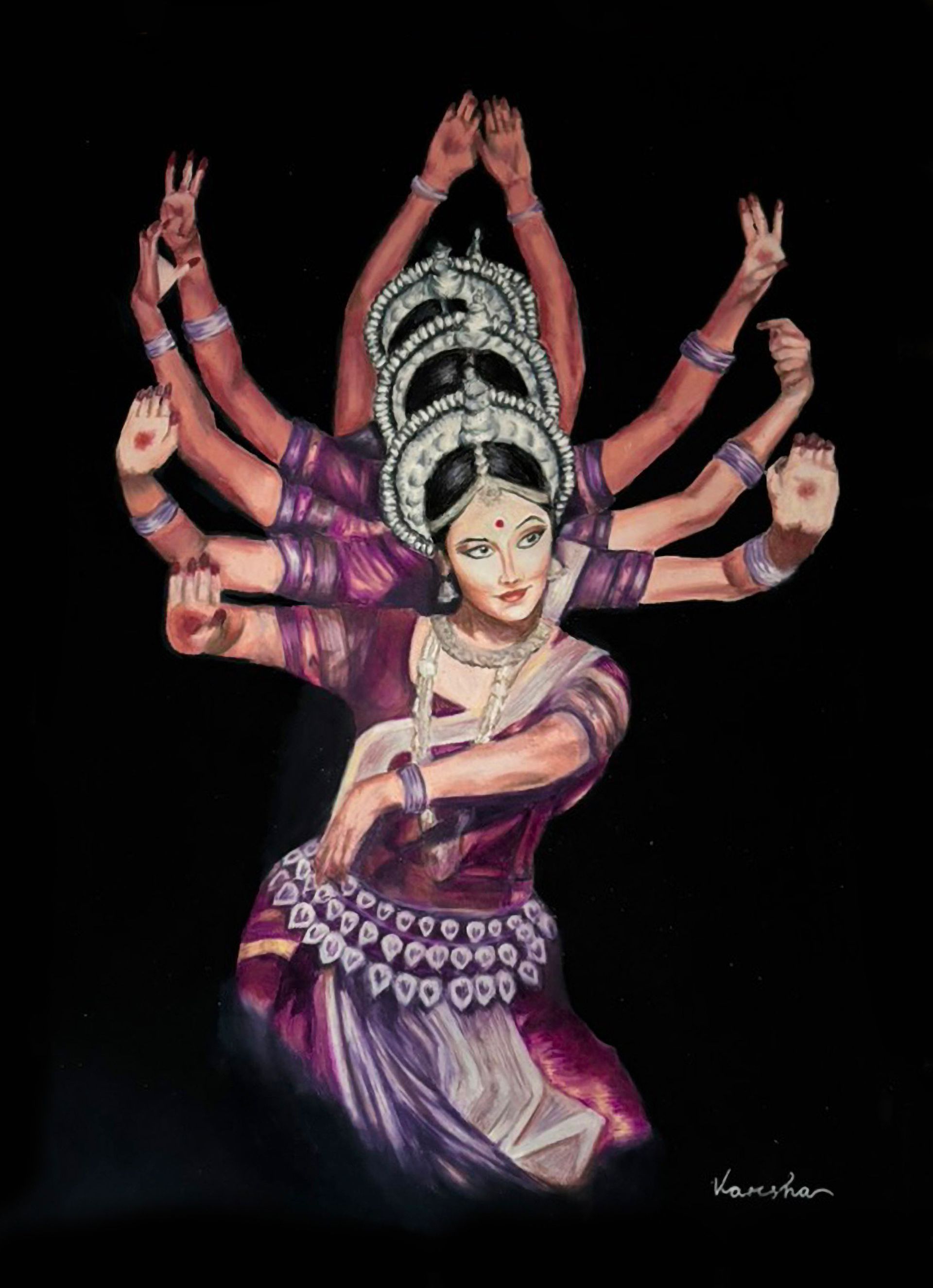 Multi-armed dancer in purple costume with raised hands against a black background