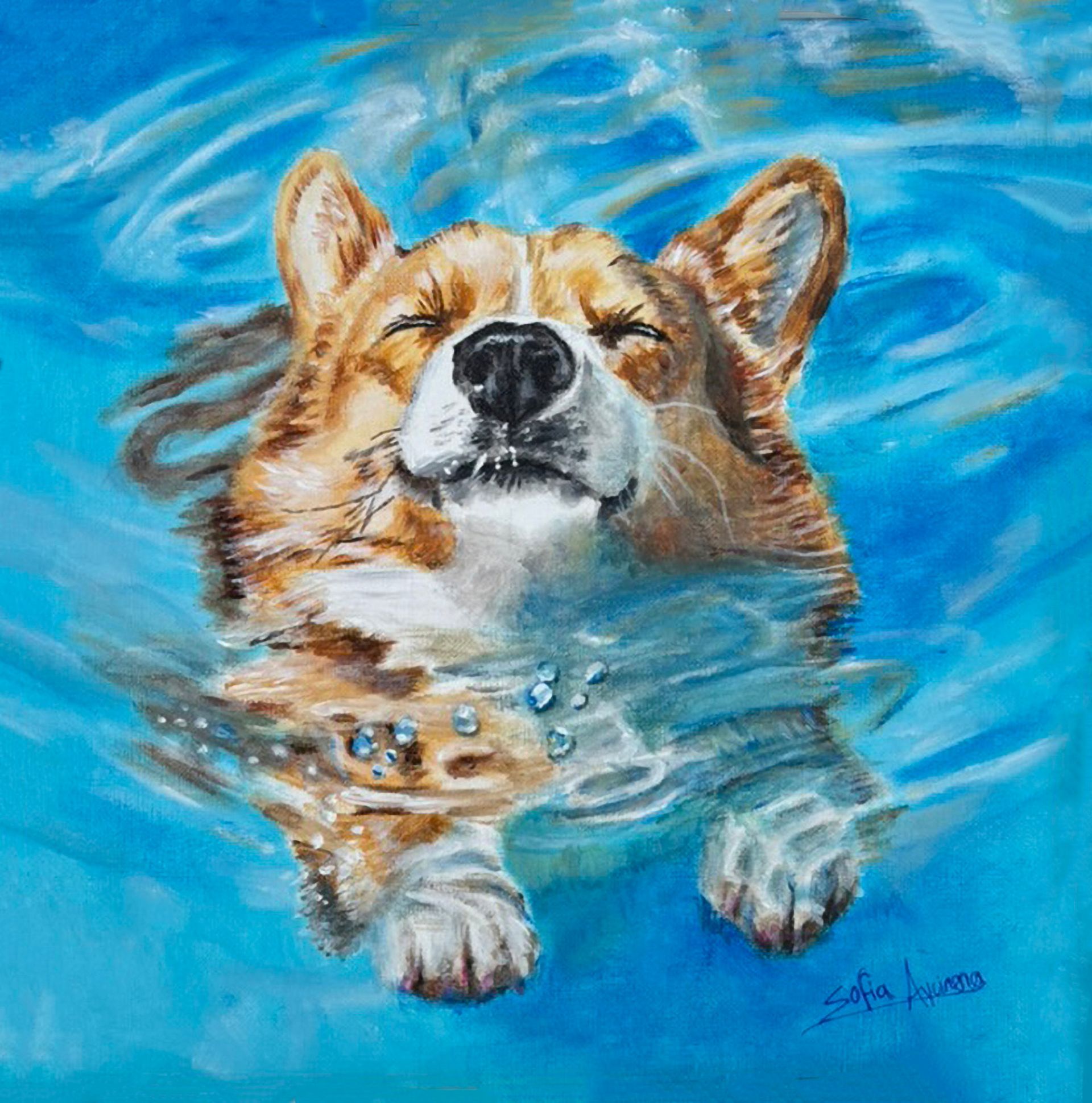 Painting of a corgi dog floats in blue water with eyes closed, paws forward, and a calm, content expression.