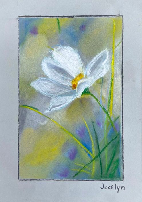 White flower painting with green stems and soft blue-yellow background