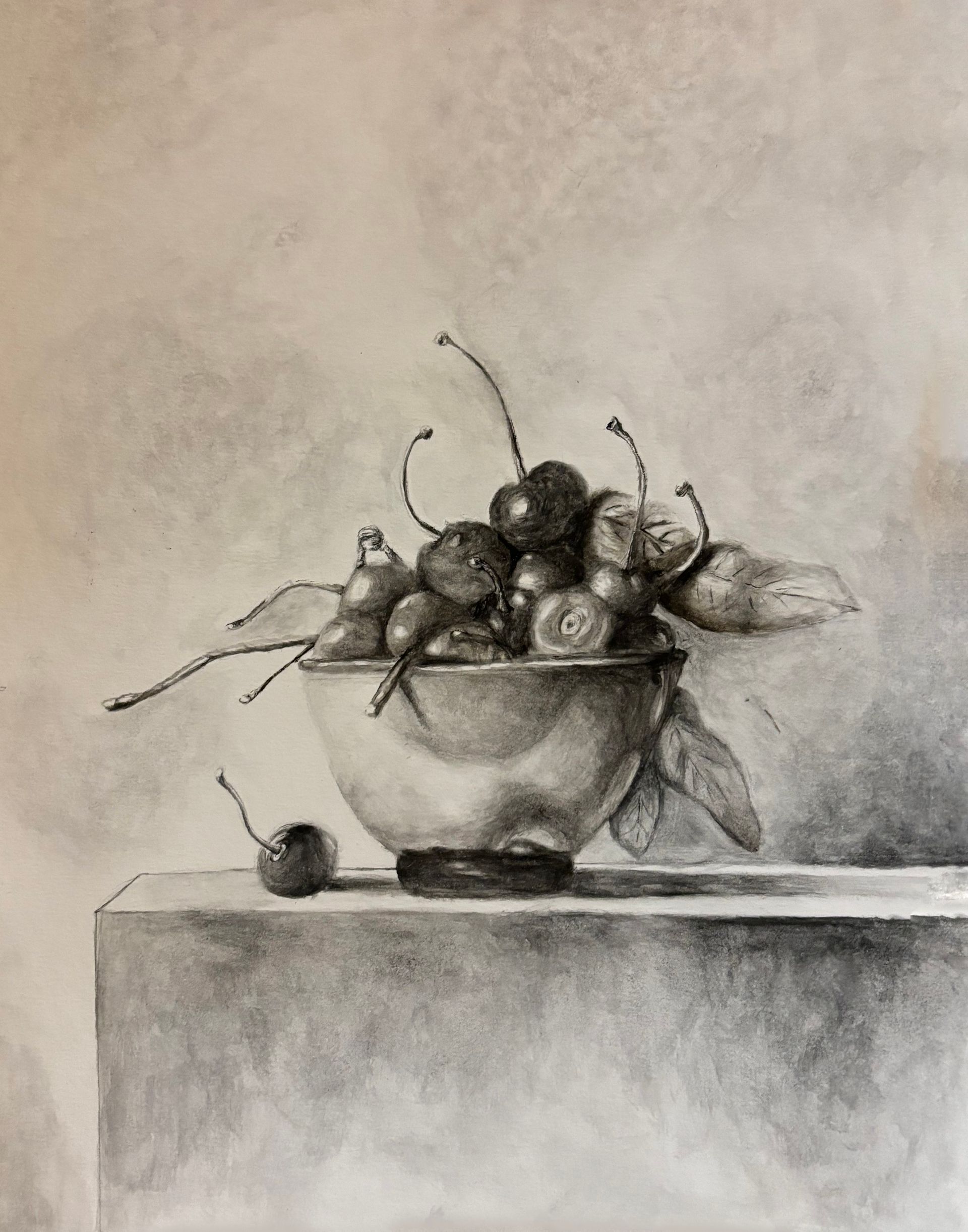 Charcoal still life of a bowl of cherries on a ledge, with a single apple in front and a plain background