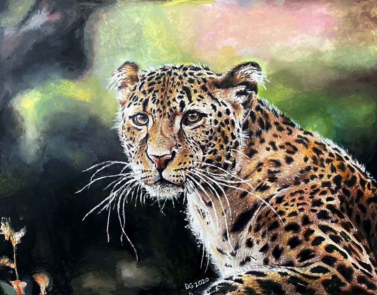 Leopard with alert gaze in a soft, painterly green and gold jungle background