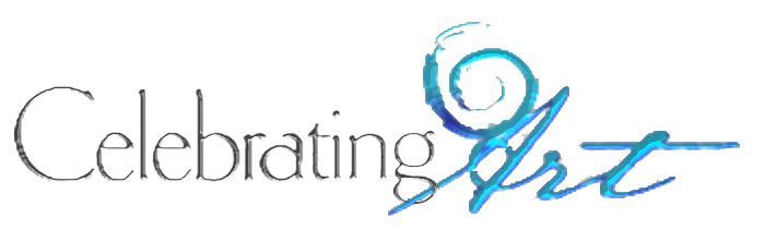 Celebrating Art logo in gray and blue decorative script