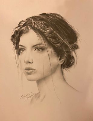 Sepia pencil portrait of a woman with an elegant updo and soft, downcast expression