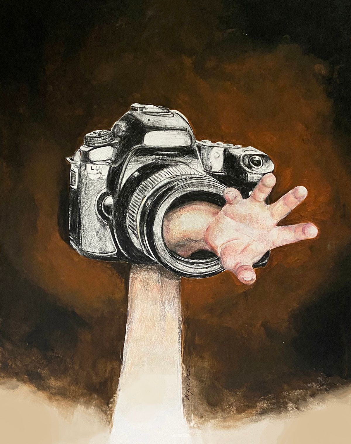 Camera lens pointing forward with a hand reaching out from it against a dark background