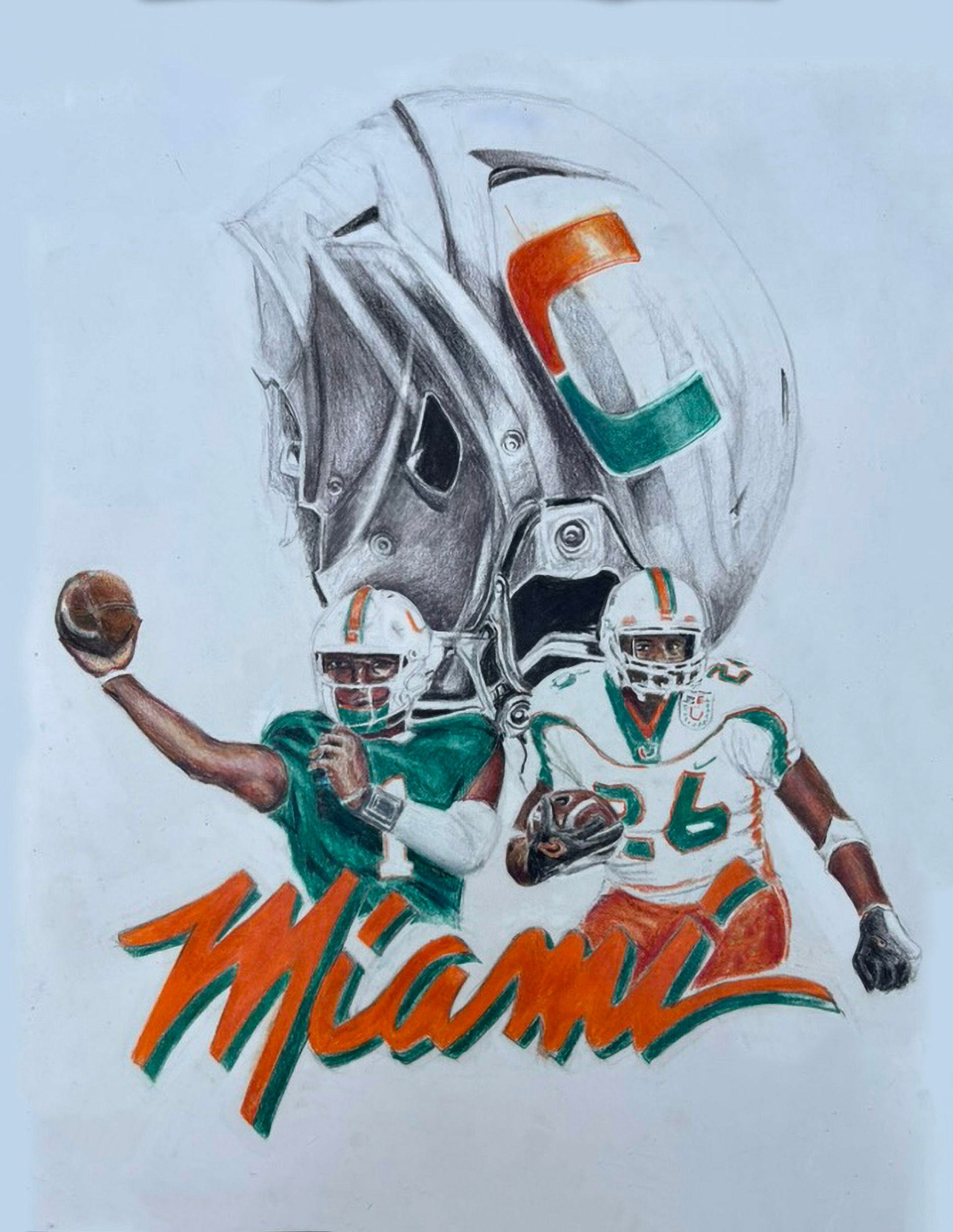 Miami football graphic with teal-uniform players and a large helmet logo in the background