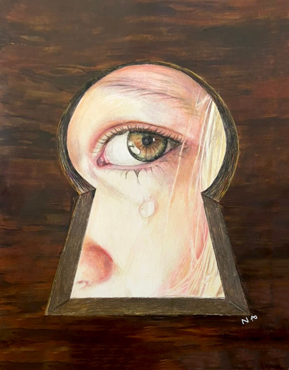 Surreal eye peering through a keyhole-shaped opening on a dark brown background