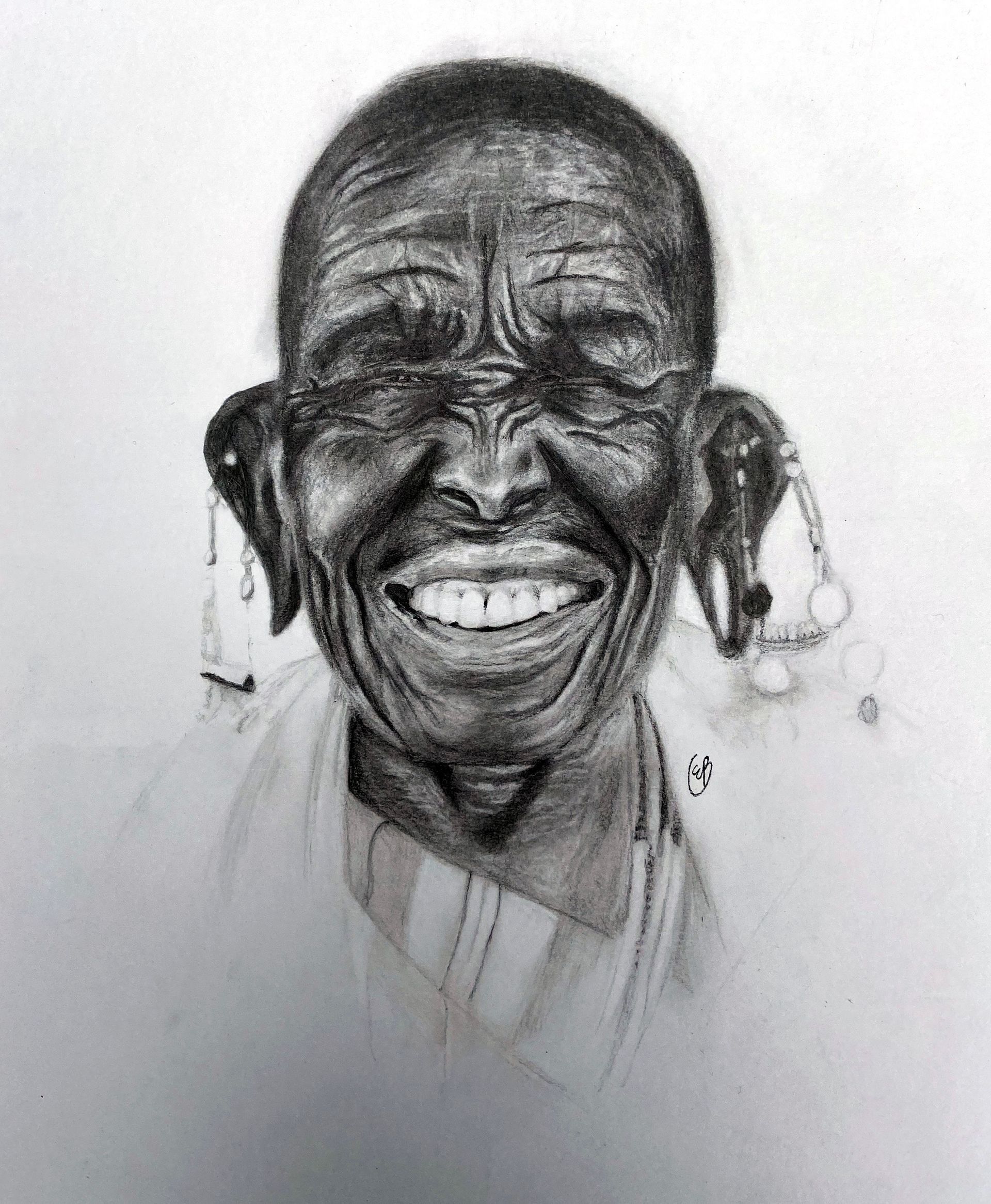 Black-and-white portrait drawing of a smiling person wearing large earrings