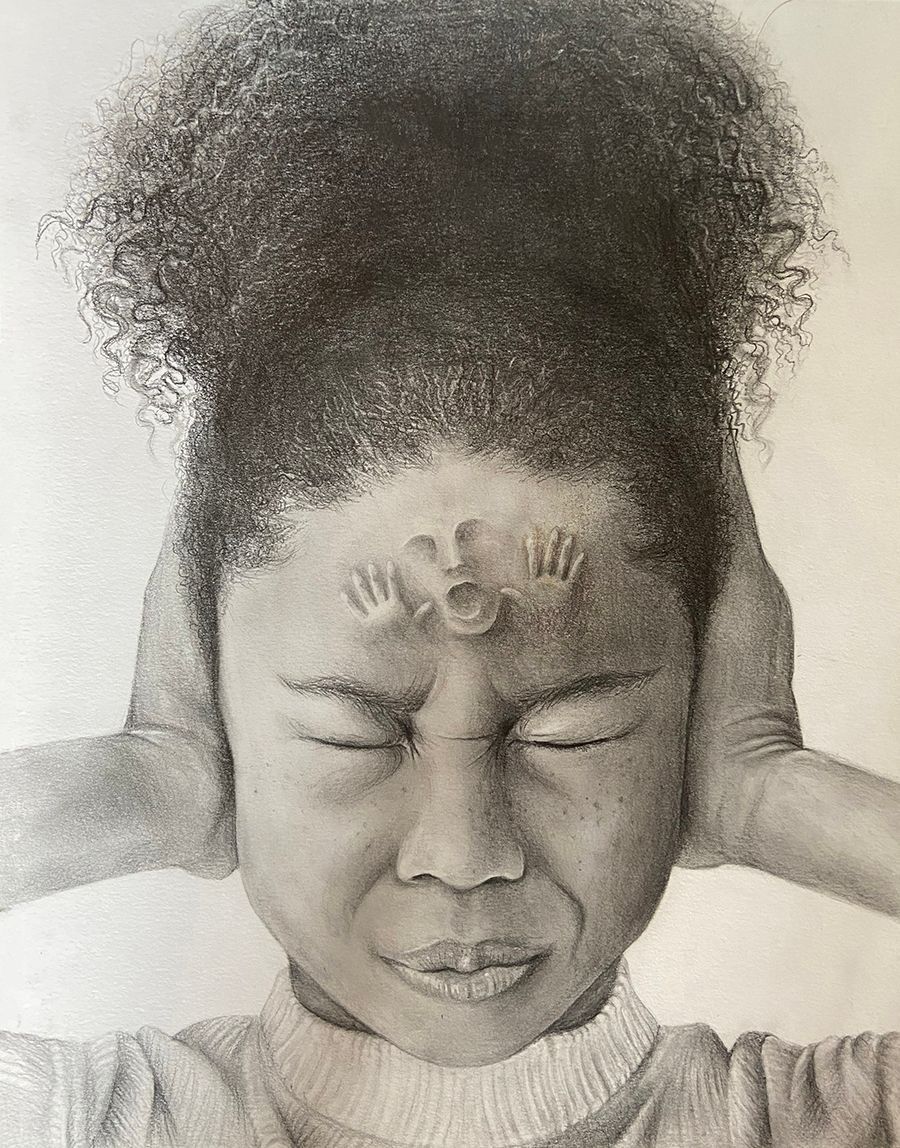 Person covering ears with hands, eyes closed, with a dark cloud-like shape above the head.