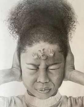 Person with eyes closed and hands covering ears, appearing distressed, with a bruise on the forehead.