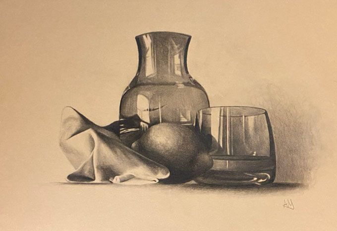 Sepia still life of a glass bottle, tumbler, and draped cloth on a plain surface