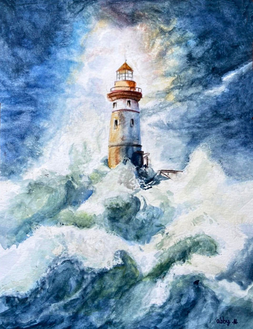 Lighthouse glowing through crashing blue waves and misty clouds