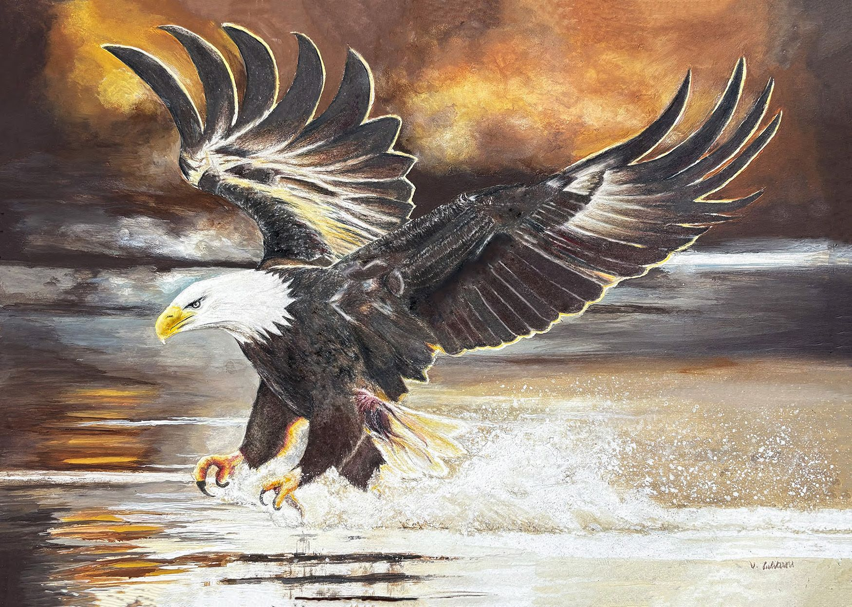 Bald eagle swooping low over water, wings spread against a dramatic orange sky.