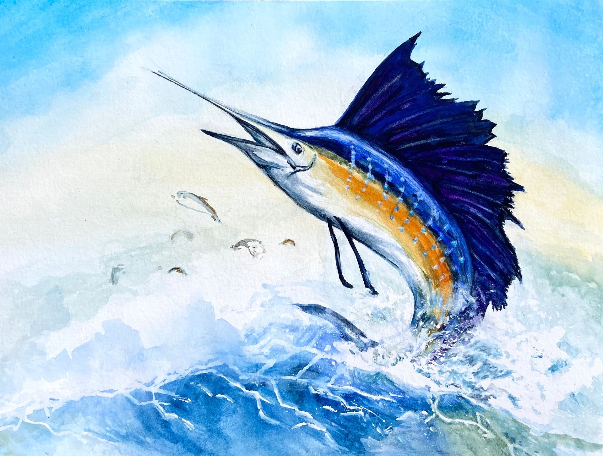 Blue marlin leaping from ocean waves with a bright sky and splashing water