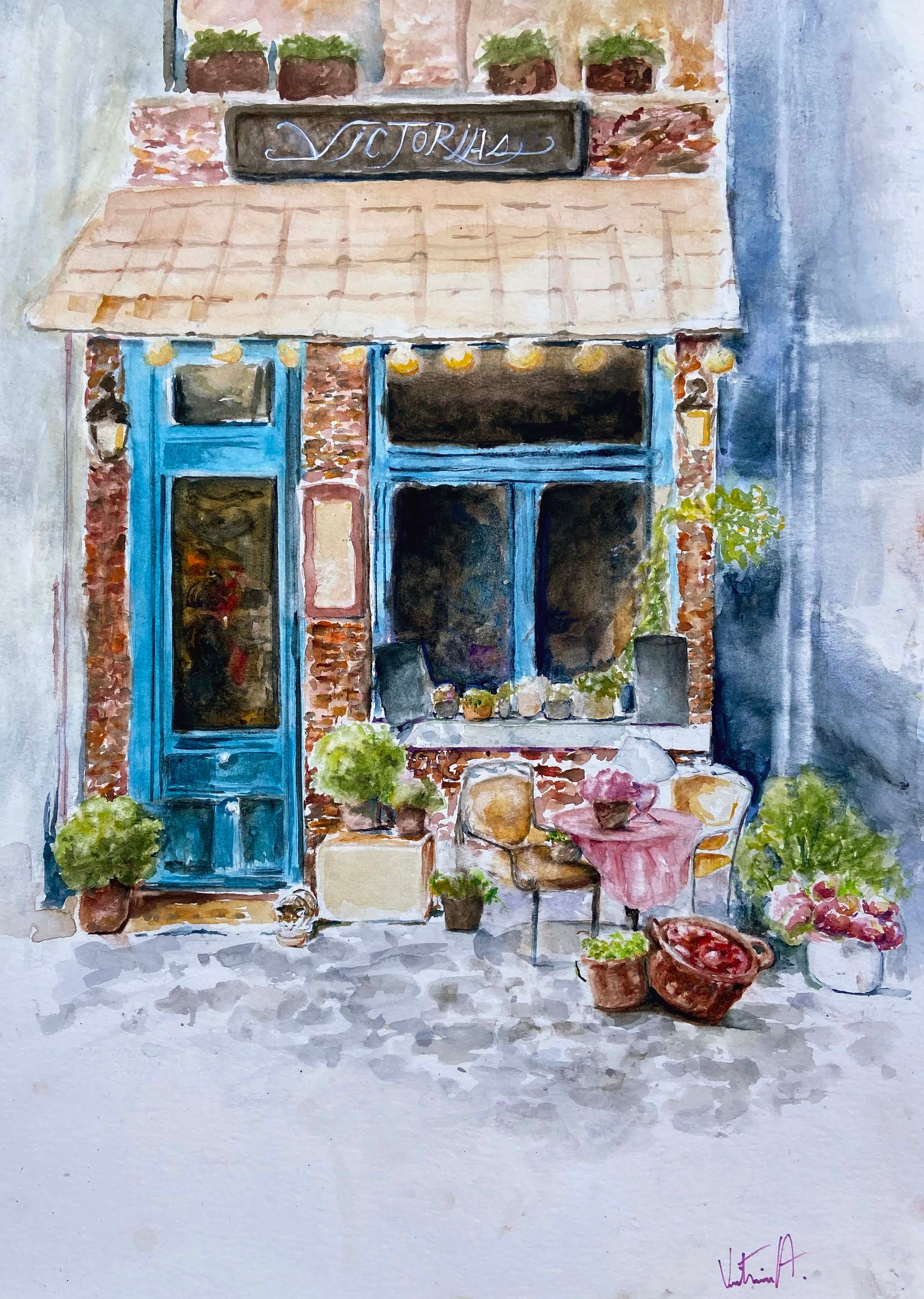 Watercolor of a quaint storefront with a blue door, striped awning, and potted flowers on the sidewalk